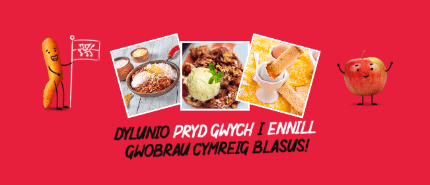 red banner with photos of 3 dishes and text: Design a mighty dish to win a delicious welsh prize!"