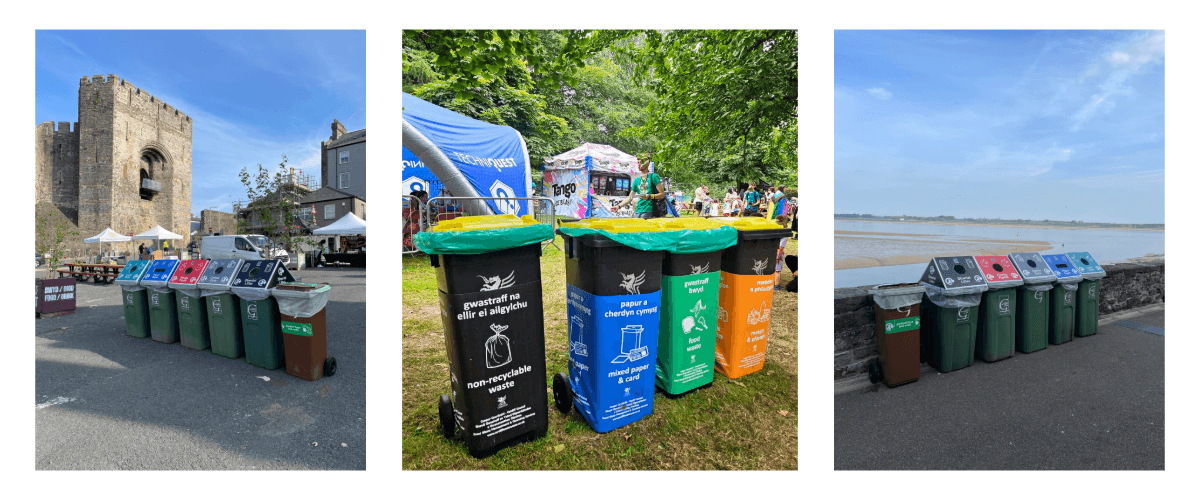 A trio of images. Image 1 is recycling bins lined up outside a castle wall. Image 2 is 4 bins on grass opposite festival banners. Image 3 shows recycling bins lined up outside against a wall with a sandy beach in the background.